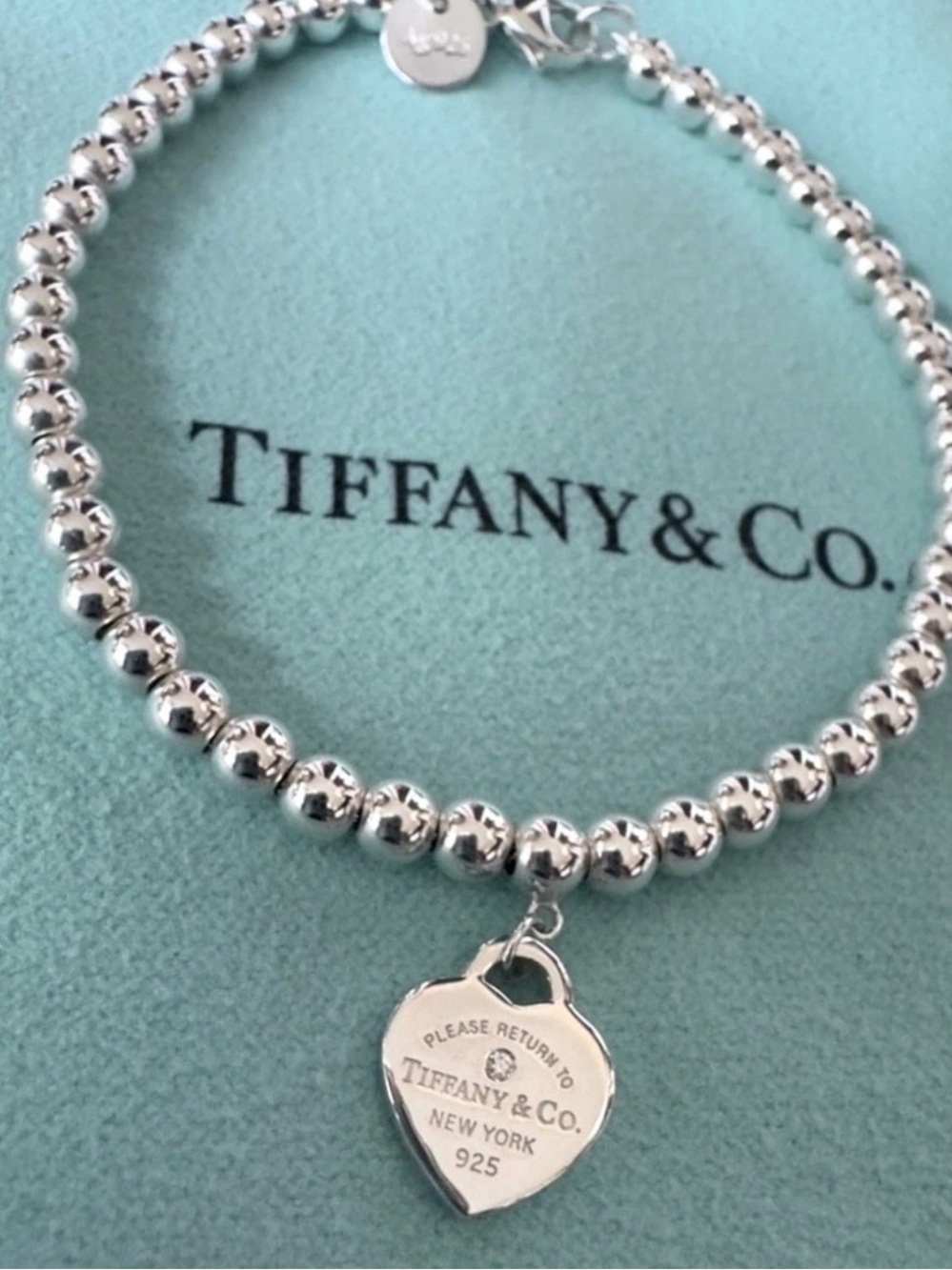 Tiffany & Co. Diamond Blue Enamel Return RTT Heart Bead Ball Bracelet 7.5 Inches